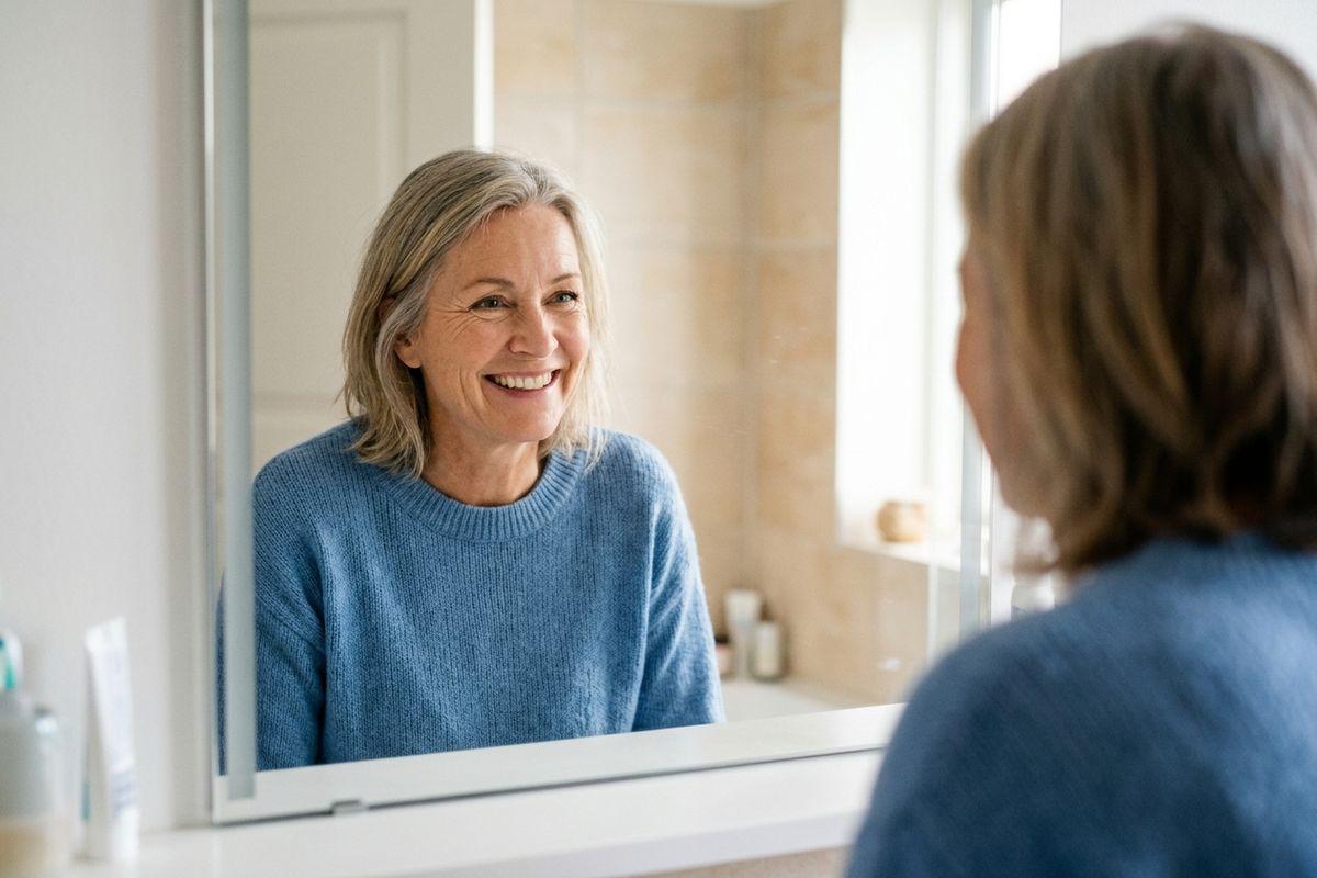 A smiling older adult in a blue sweater looks at their reflection in a bathroom mirror.
