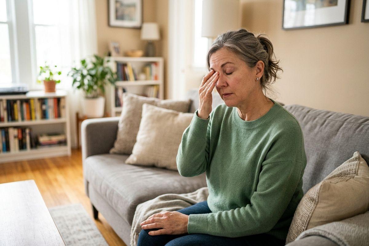Adult sitting on a living room couch with eyes closed, rubbing the bridge of their nose.