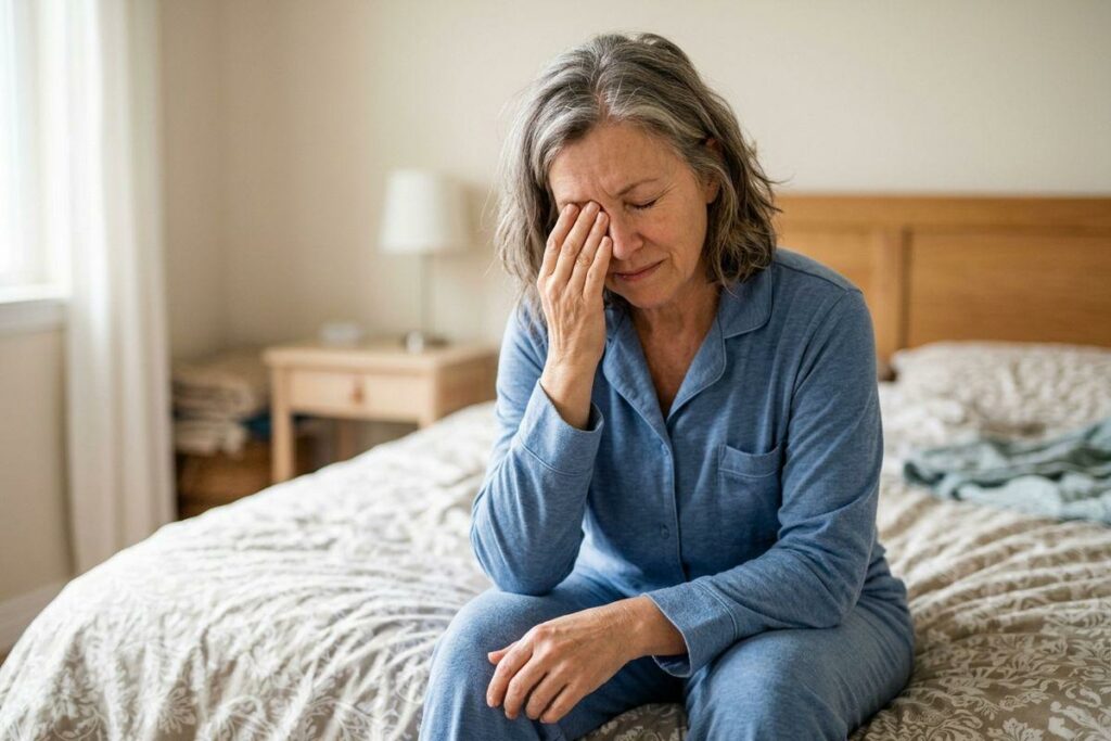 An older adult in pajamas sits on the edge of a bed, rubbing their eye with a distressed expression.