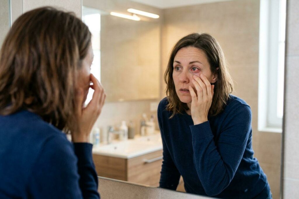 Concerned adult looking in a bathroom mirror, pulling down their lower eyelid to examine a visibly red eye.
