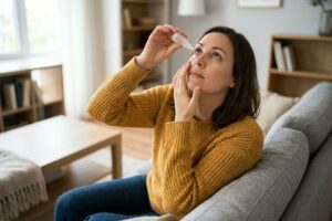 A focused adult sits on a living room couch, looking up and pulling down their lower eyelid to squeeze eye drops into their eye.