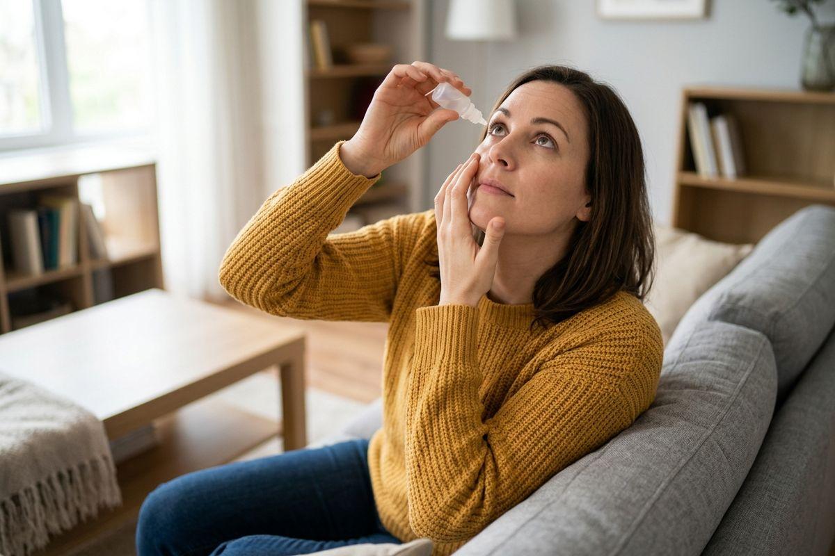 A focused adult sits on a living room couch, looking up and pulling down their lower eyelid to squeeze eye drops into their eye.