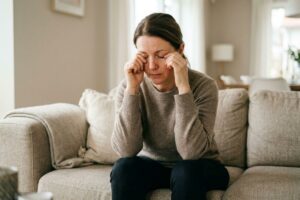 An adult sitting on a couch in a living room, rubbing their closed eyes with both hands.