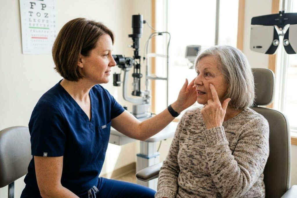 Optometrist examines the eye of an older adult seated in an exam chair, with an eye chart and equipment nearby.