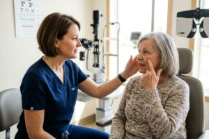 Optometrist examines the eye of an older adult seated in an exam chair, with an eye chart and equipment nearby.