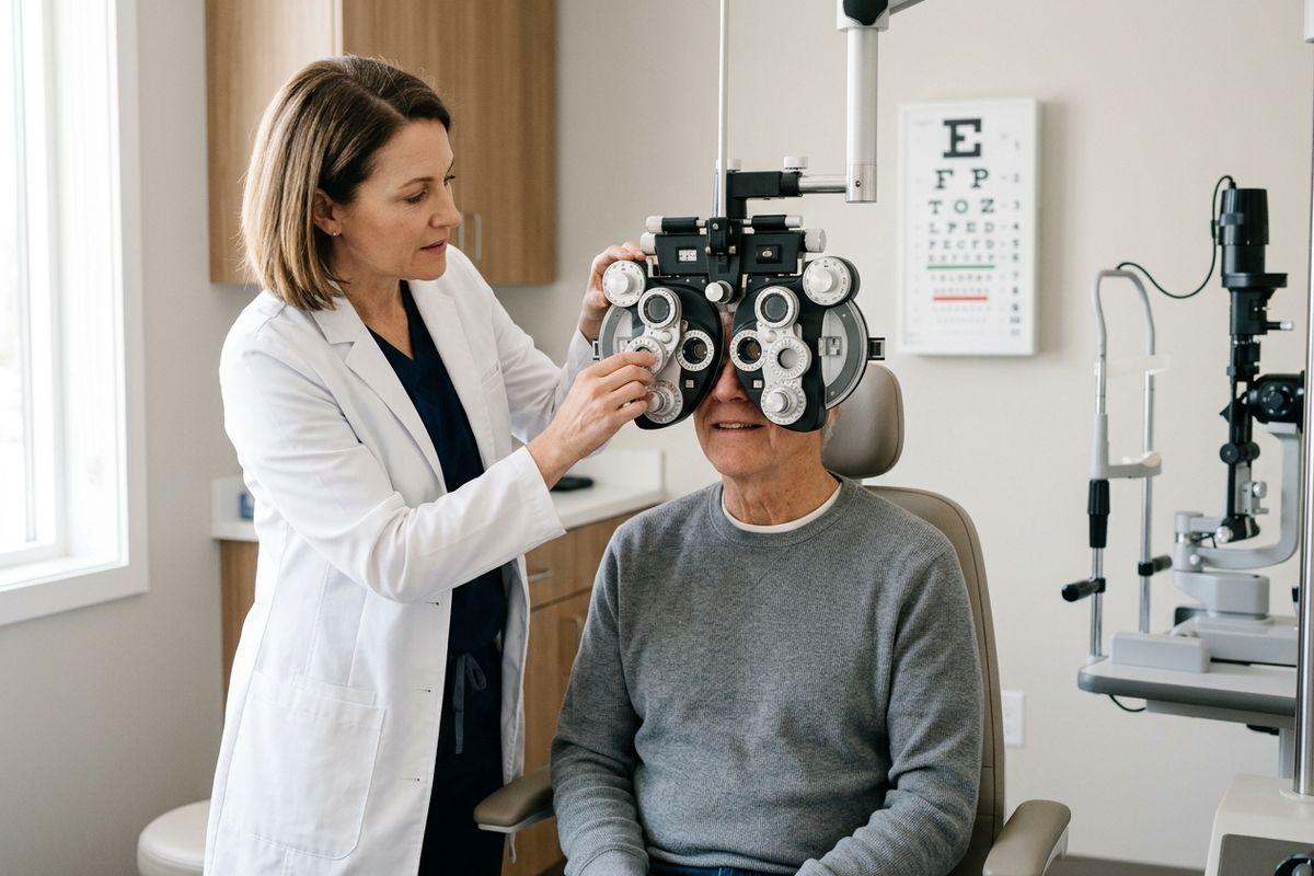 Optometrist adjusting a phoropter for a seated patient during an eye exam, with an eye chart on the wall.