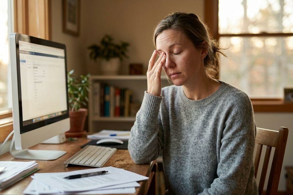 Person rubbing eyes with hand while sitting at a desk with a computer, keyboard, and papers at home.