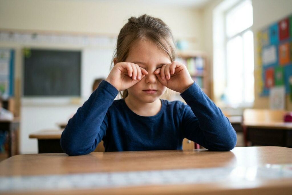 Child in a blue top rubbing both eyes with fists while sitting at a desk in a classroom.