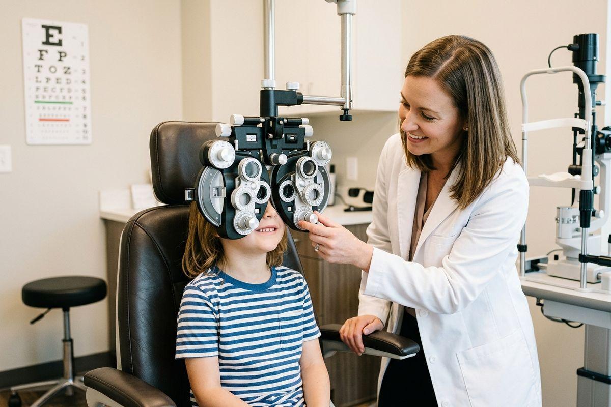 Optometrist smiling while adjusting a phoropter for a child seated in an exam chair, eye chart on wall.